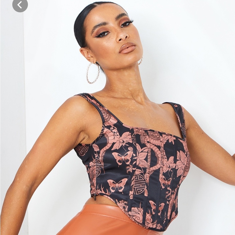 Black satin dragon print binding panel detail cropped corset